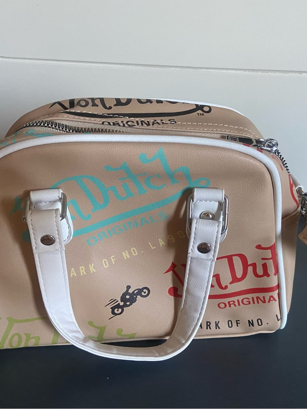 Von Dutch Beige Logo-Print Shoulder Bag with White Handles
